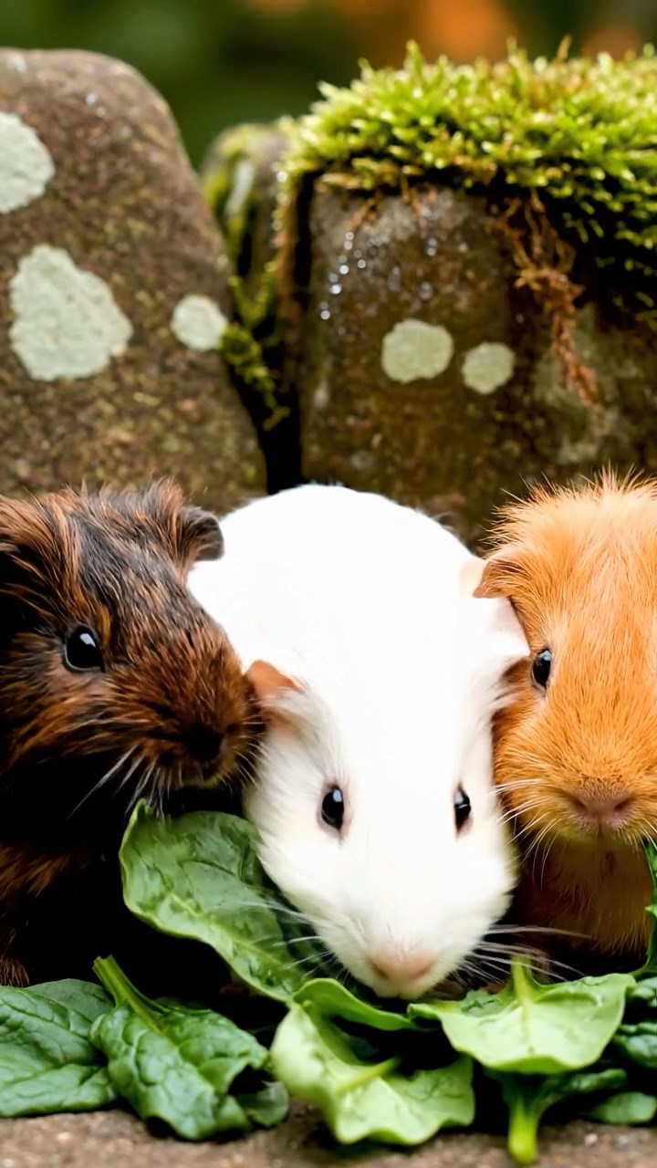 1133. Photorealistic image of 4 smooth-haired Peruvian guinea pigs featuring cream, fawn, and chocolate coats, sharing cucumber peels, inside a steampunk airship cabin with brass gears.