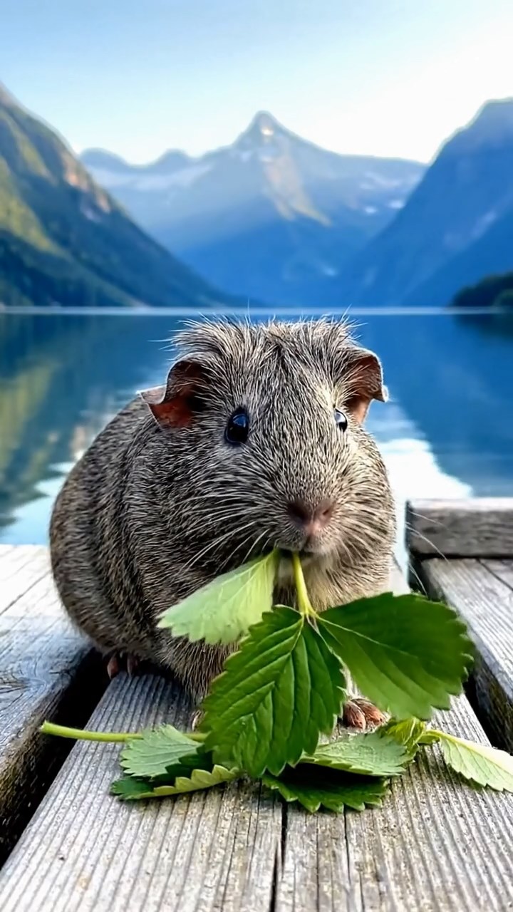 1133. Photorealistic image of 4 smooth-haired Peruvian guinea pigs featuring cream, fawn, and chocolate coats, sharing cucumber peels, inside a steampunk airship cabin with brass gears.