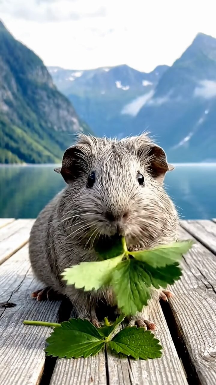 1134. Realistic depiction of 2 smooth-haired Silkie guinea pigs with cinnamon and sable fur, eating timothy hay bundles, on a serene Buddhist temple courtyard with stone lanterns.