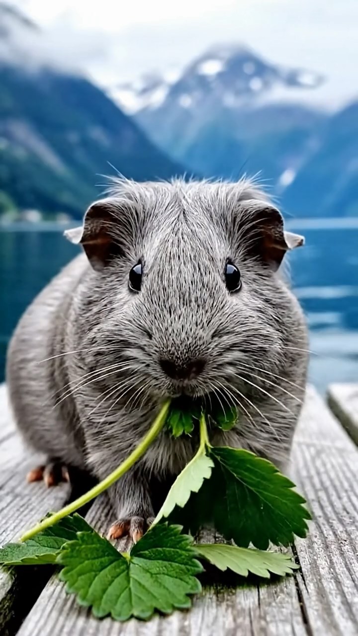 1134. Realistic depiction of 2 smooth-haired Silkie guinea pigs with cinnamon and sable fur, eating timothy hay bundles, on a serene Buddhist temple courtyard with stone lanterns.