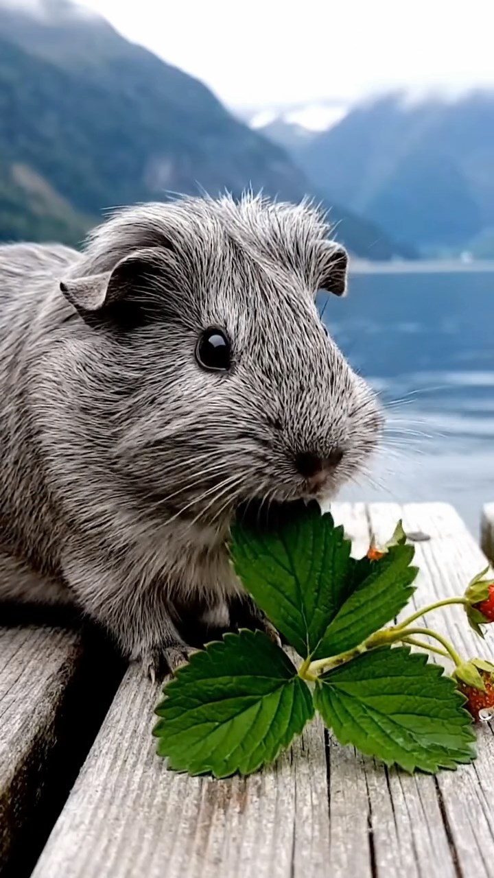 1134. Realistic depiction of 2 smooth-haired Silkie guinea pigs with cinnamon and sable fur, eating timothy hay bundles, on a serene Buddhist temple courtyard with stone lanterns.