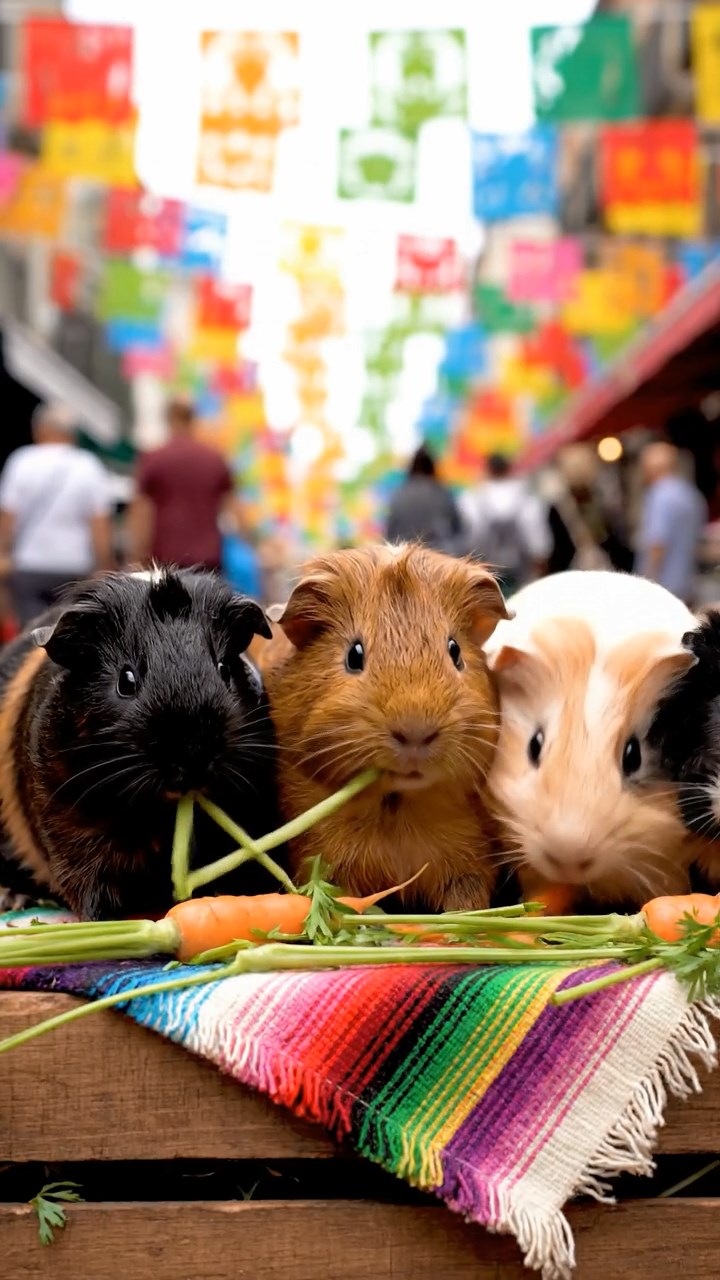 1134. Realistic depiction of 2 smooth-haired Silkie guinea pigs with cinnamon and sable fur, eating timothy hay bundles, on a serene Buddhist temple courtyard with stone lanterns.