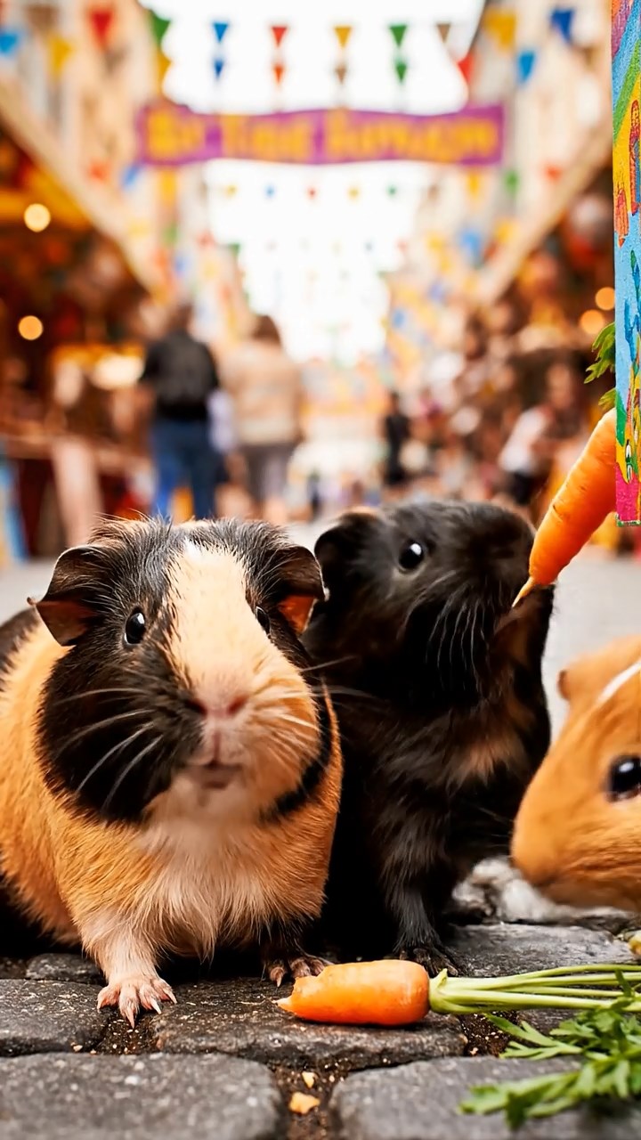 928. Realistic scene of 3 smooth-haired Californian guinea pigs with Chocolate, Cinnamon, and Gray fur, grooming each other, licking fur with gentle strokes, in a lush meadow with wildflowers and a babbling brook, under golden sunlight, enhancing the authentic, social atmosphere.