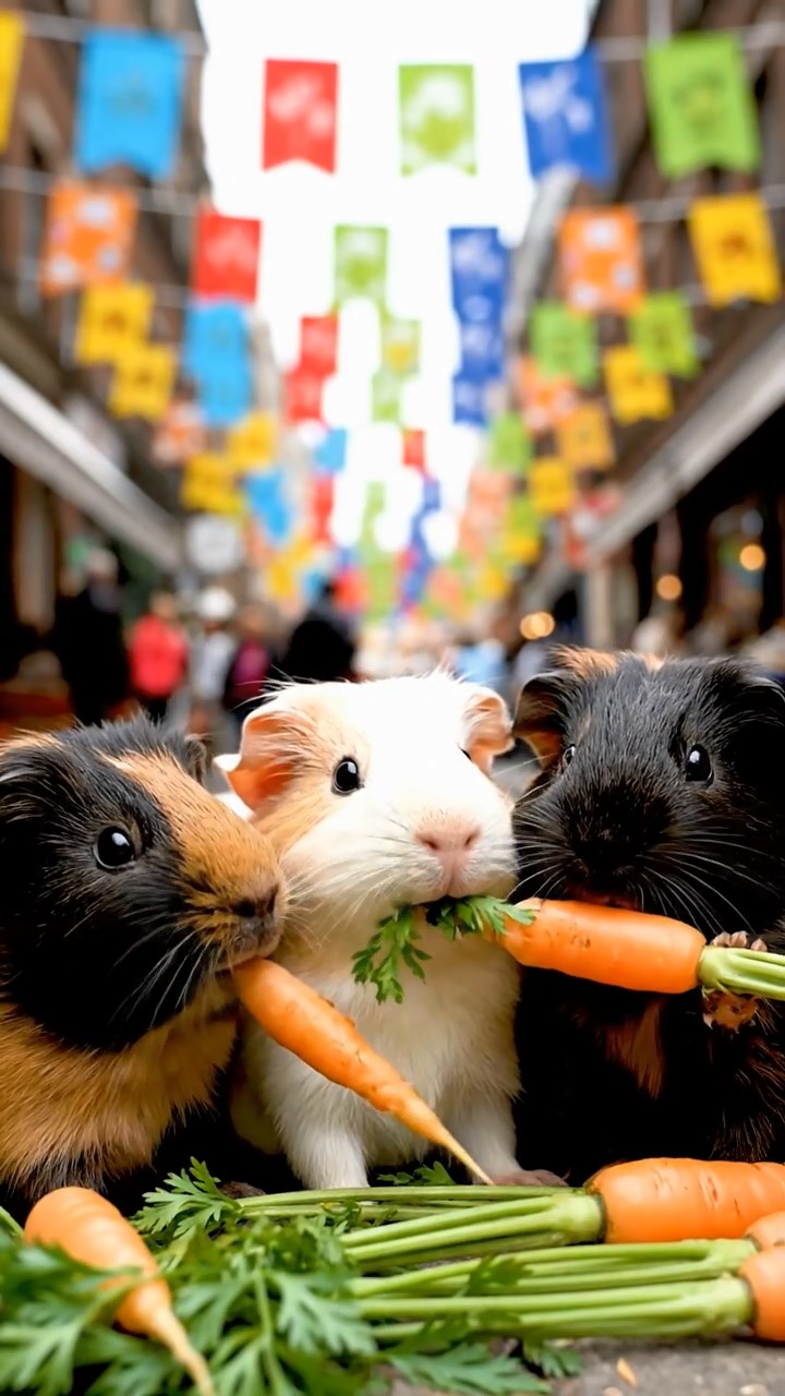 928. Realistic scene of 3 smooth-haired Californian guinea pigs with Chocolate, Cinnamon, and Gray fur, grooming each other, licking fur with gentle strokes, in a lush meadow with wildflowers and a babbling brook, under golden sunlight, enhancing the authentic, social atmosphere.