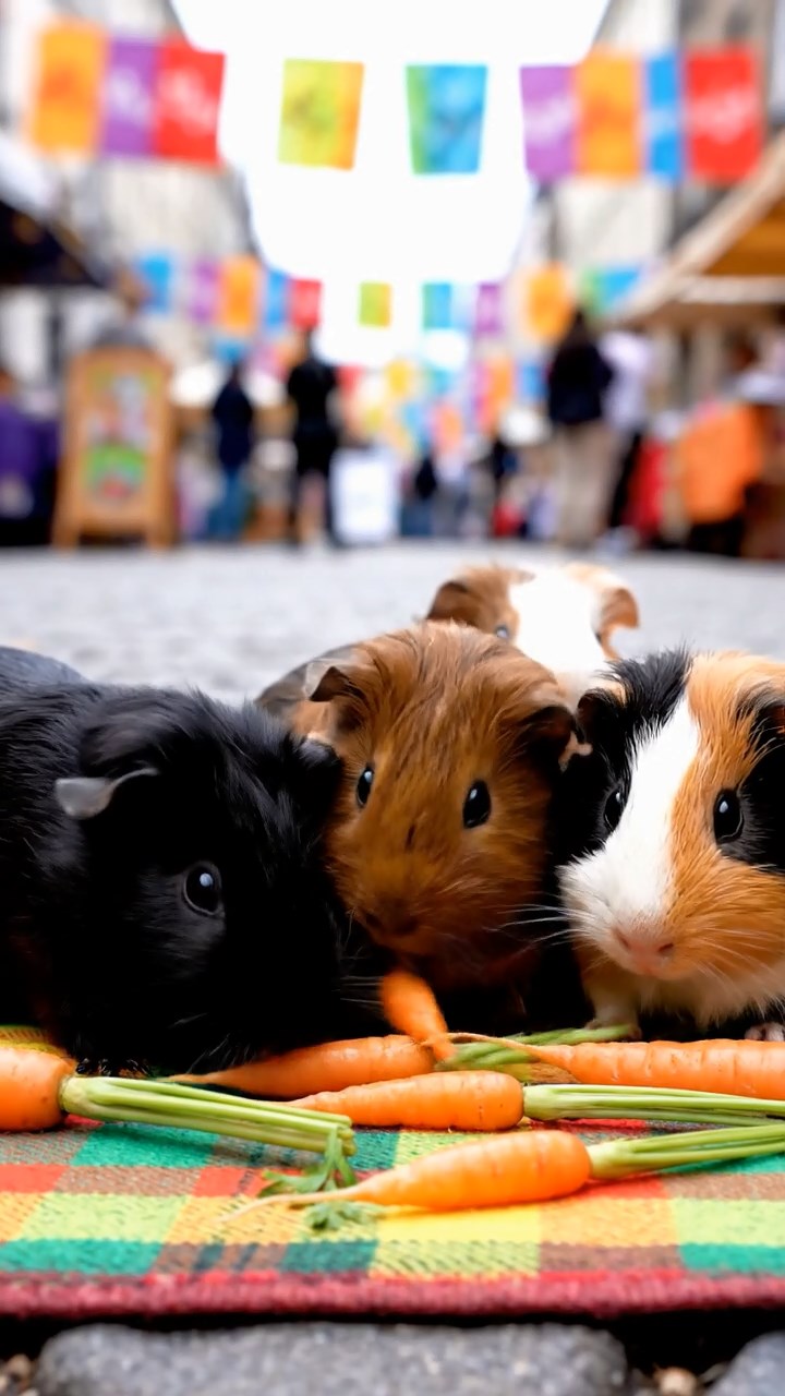 928. Realistic scene of 3 smooth-haired Californian guinea pigs with Chocolate, Cinnamon, and Gray fur, grooming each other, licking fur with gentle strokes, in a lush meadow with wildflowers and a babbling brook, under golden sunlight, enhancing the authentic, social atmosphere.