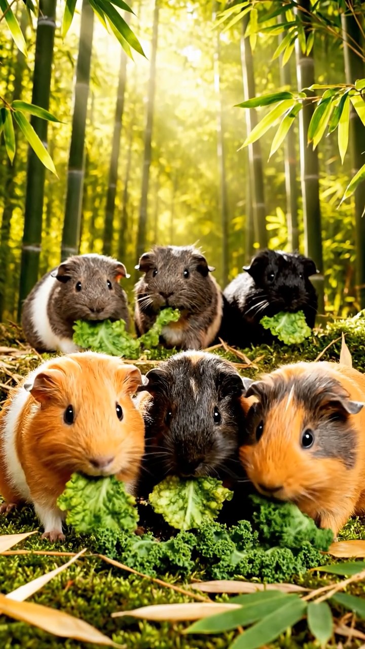 931. Highly detailed view of 1 smooth-haired Himalayan guinea pig with White fur, munching on bell peppers, biting off small pieces with careful chews, in a vibrant vegetable garden with rows of tomatoes, under bright sunlight, creating a realistic, colorful rural scene.