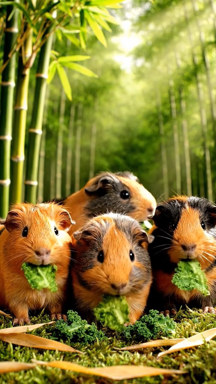 931. Highly detailed view of 1 smooth-haired Himalayan guinea pig with White fur, munching on bell peppers, biting off small pieces with careful chews, in a vibrant vegetable garden with rows of tomatoes, under bright sunlight, creating a realistic, colorful rural scene.