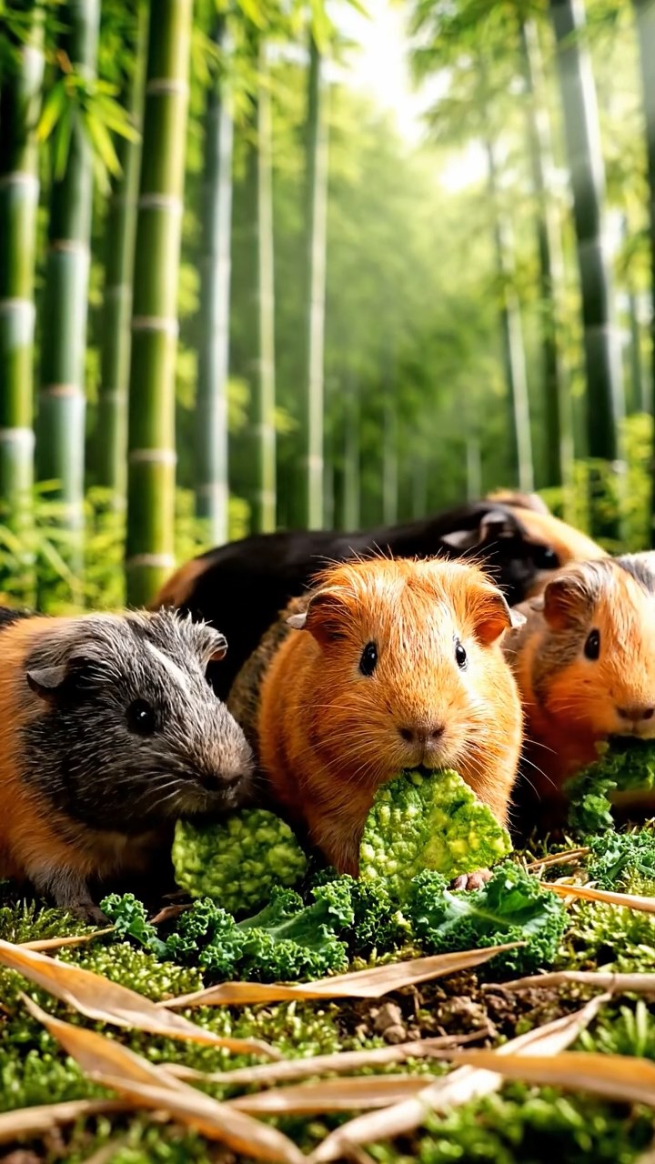 931. Highly detailed view of 1 smooth-haired Himalayan guinea pig with White fur, munching on bell peppers, biting off small pieces with careful chews, in a vibrant vegetable garden with rows of tomatoes, under bright sunlight, creating a realistic, colorful rural scene.