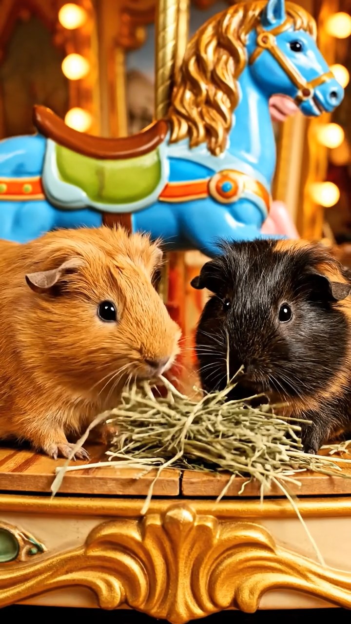 934. Photorealistic scene of 4 smooth-haired Teddy guinea pigs with Fawn, Chocolate, Cinnamon, and Sable fur, dressed as librarians in tiny glasses, shelving miniature books with careful paws, in a guinea pig library with hay shelves, under soft lamplight, capturing a realistic, cozy moment.