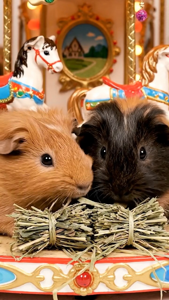 934. Photorealistic scene of 4 smooth-haired Teddy guinea pigs with Fawn, Chocolate, Cinnamon, and Sable fur, dressed as librarians in tiny glasses, shelving miniature books with careful paws, in a guinea pig library with hay shelves, under soft lamplight, capturing a realistic, cozy moment.