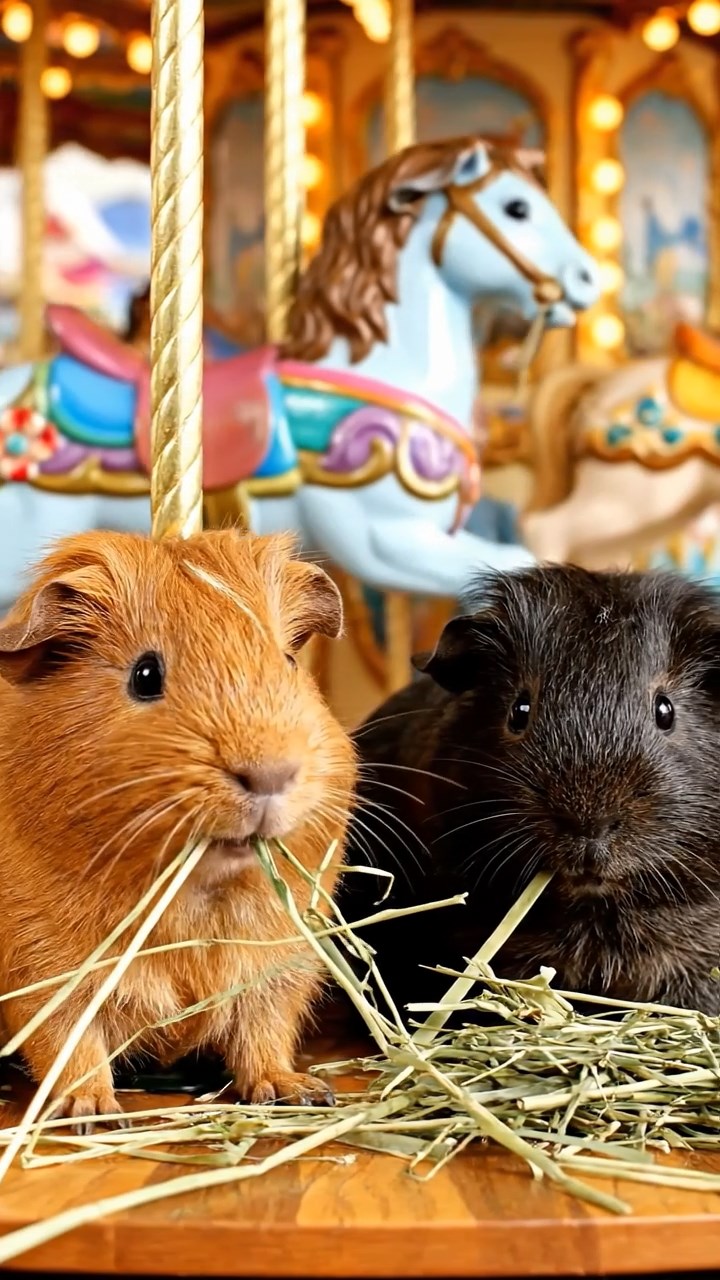934. Photorealistic scene of 4 smooth-haired Teddy guinea pigs with Fawn, Chocolate, Cinnamon, and Sable fur, dressed as librarians in tiny glasses, shelving miniature books with careful paws, in a guinea pig library with hay shelves, under soft lamplight, capturing a realistic, cozy moment.