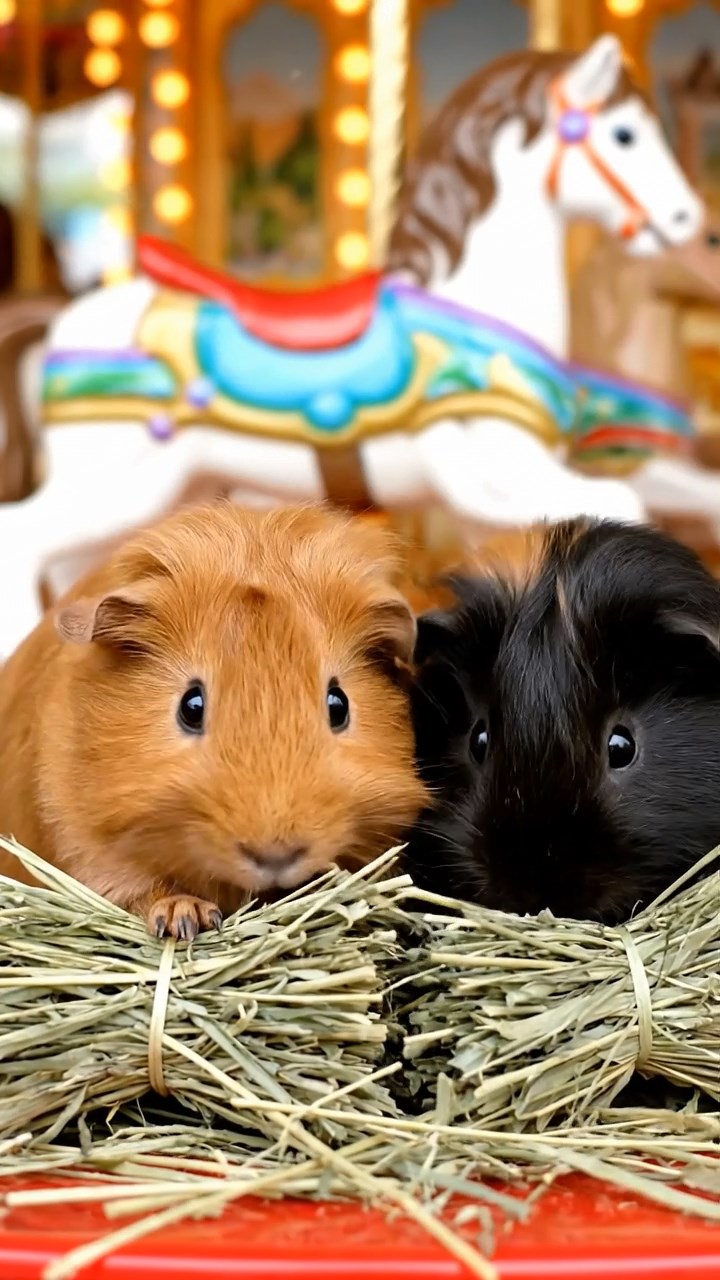 934. Photorealistic scene of 4 smooth-haired Teddy guinea pigs with Fawn, Chocolate, Cinnamon, and Sable fur, dressed as librarians in tiny glasses, shelving miniature books with careful paws, in a guinea pig library with hay shelves, under soft lamplight, capturing a realistic, cozy moment.