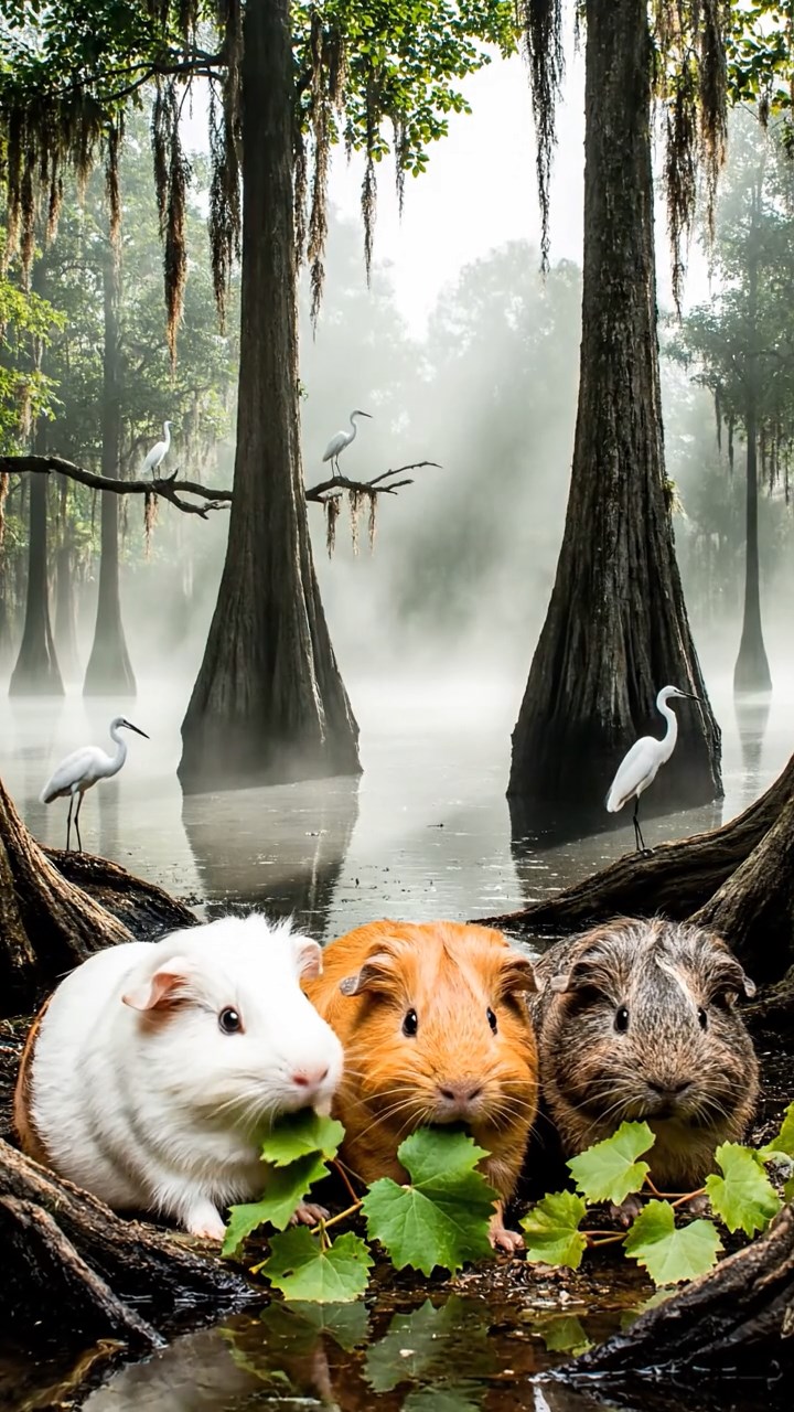 935. Highly detailed view of 5 smooth-haired Himalayan guinea pigs with White, Orange, Gray, Black, and Brown fur, foraging for wild herbs, sniffing and nibbling with precision, in a lush meadow with wildflowers, under soft morning light, creating a realistic, serene pastoral scene.