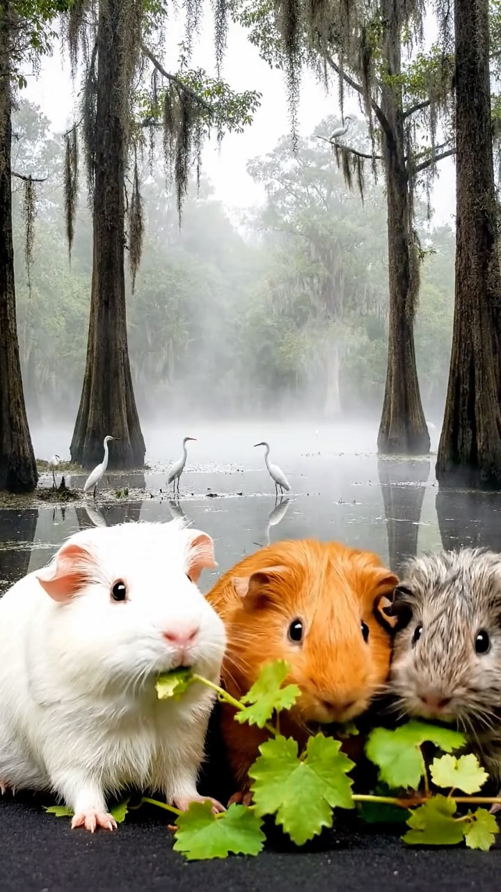 935. Highly detailed view of 5 smooth-haired Himalayan guinea pigs with White, Orange, Gray, Black, and Brown fur, foraging for wild herbs, sniffing and nibbling with precision, in a lush meadow with wildflowers, under soft morning light, creating a realistic, serene pastoral scene.