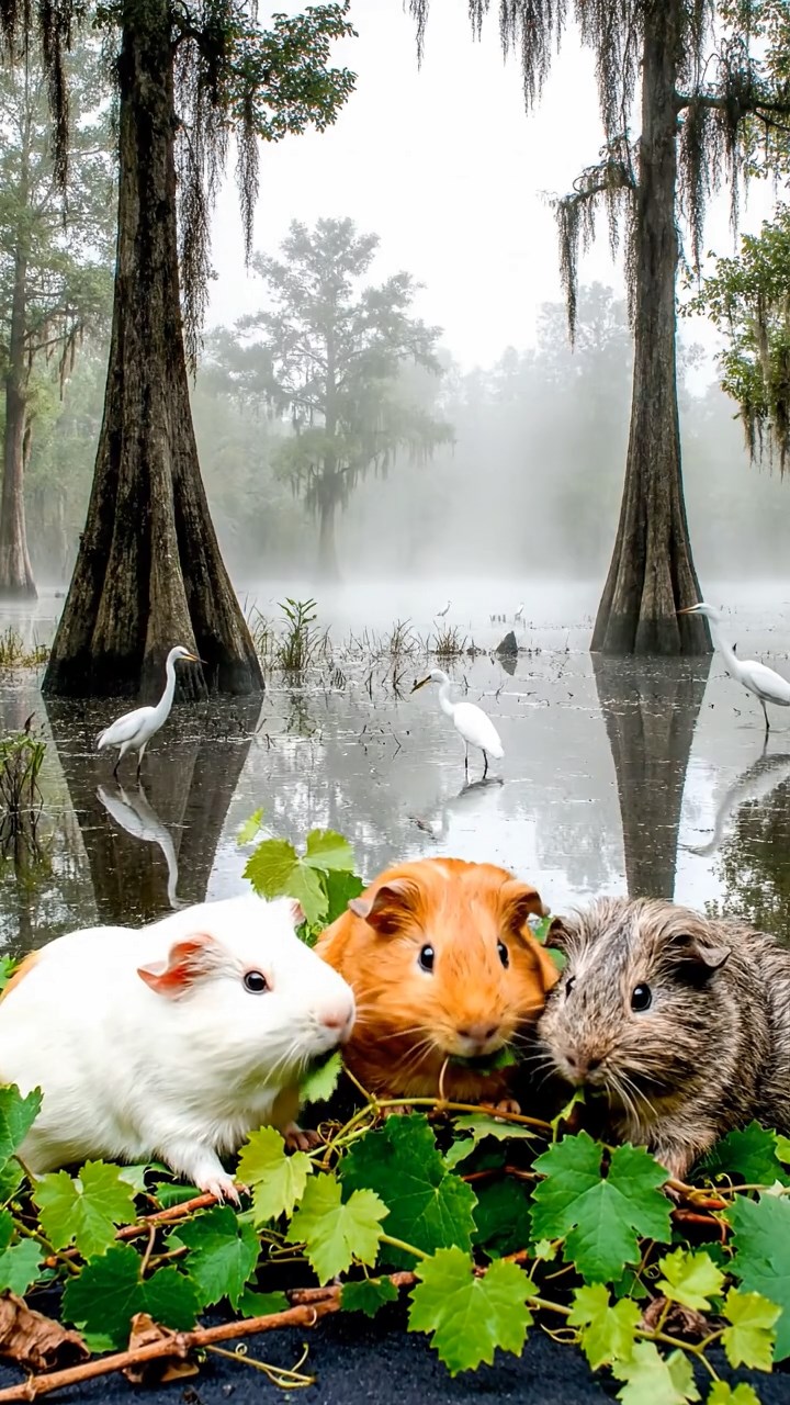 935. Highly detailed view of 5 smooth-haired Himalayan guinea pigs with White, Orange, Gray, Black, and Brown fur, foraging for wild herbs, sniffing and nibbling with precision, in a lush meadow with wildflowers, under soft morning light, creating a realistic, serene pastoral scene.