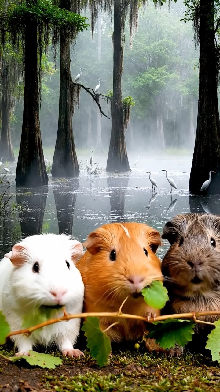 935. Highly detailed view of 5 smooth-haired Himalayan guinea pigs with White, Orange, Gray, Black, and Brown fur, foraging for wild herbs, sniffing and nibbling with precision, in a lush meadow with wildflowers, under soft morning light, creating a realistic, serene pastoral scene.