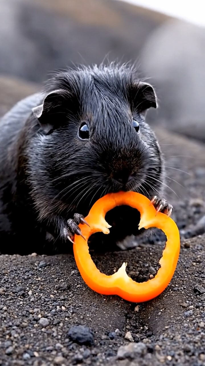 936. Realistic scene of 1 smooth-haired Californian guinea pig with Cream fur, nibbling on strawberries, biting gently into the fruit, in a fragrant rose garden with blooming roses, under warm sunlight, capturing a vivid, lifelike romantic moment.