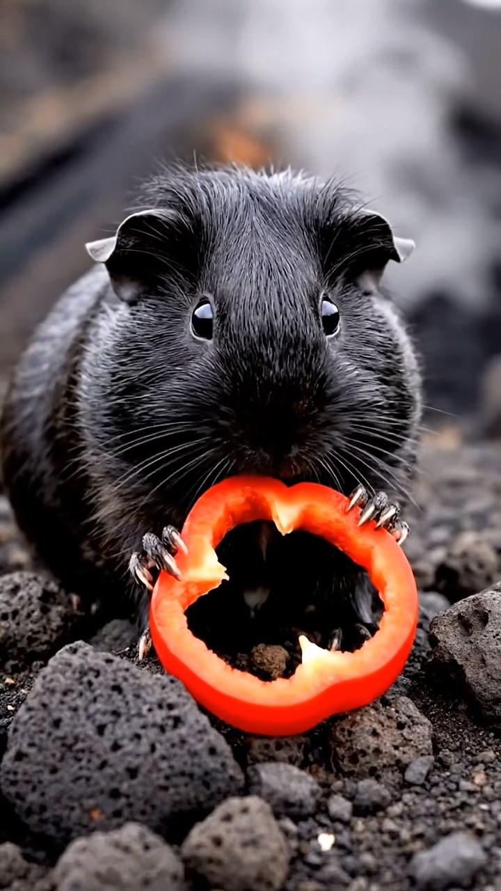 936. Realistic scene of 1 smooth-haired Californian guinea pig with Cream fur, nibbling on strawberries, biting gently into the fruit, in a fragrant rose garden with blooming roses, under warm sunlight, capturing a vivid, lifelike romantic moment.