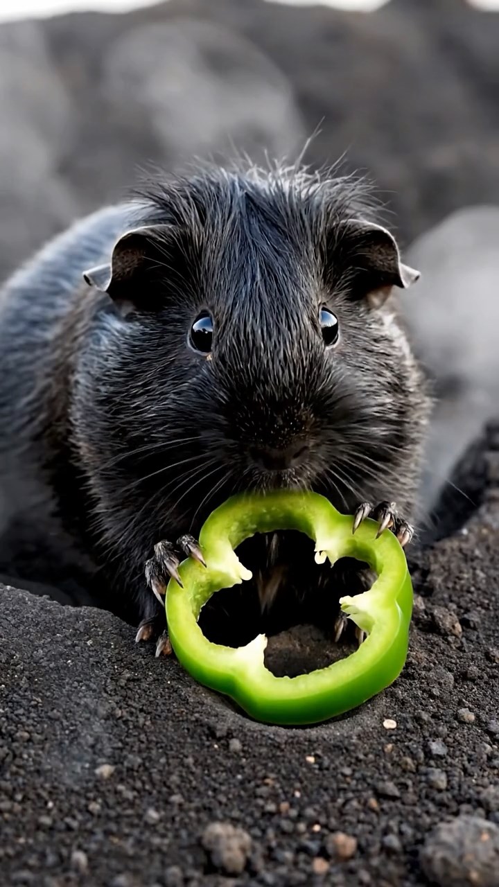 936. Realistic scene of 1 smooth-haired Californian guinea pig with Cream fur, nibbling on strawberries, biting gently into the fruit, in a fragrant rose garden with blooming roses, under warm sunlight, capturing a vivid, lifelike romantic moment.
