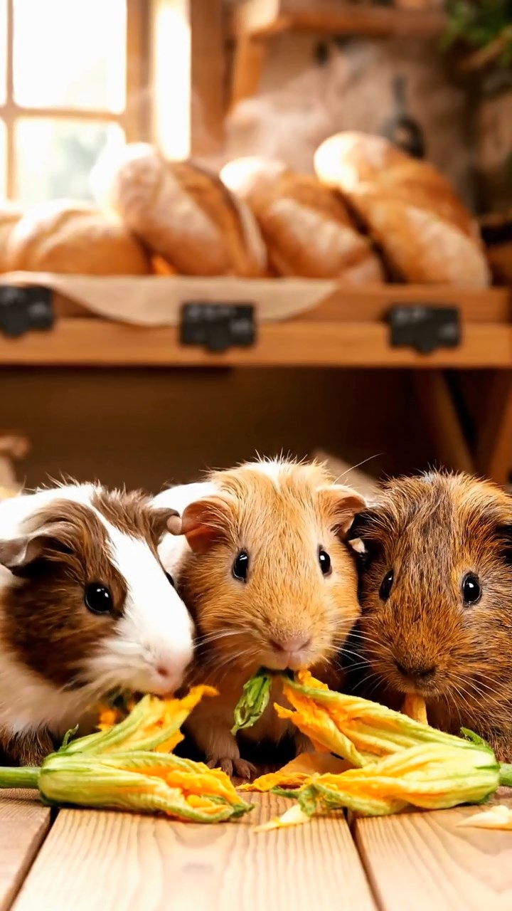 937. Detailed photo of 2 smooth-haired American guinea pigs with Fawn and Sable fur, dressed as bakers in tiny aprons, rolling dough with tiny paws, in a guinea pig bakery with hay ovens, under soft lamplight, creating a realistic, cozy culinary scene.
