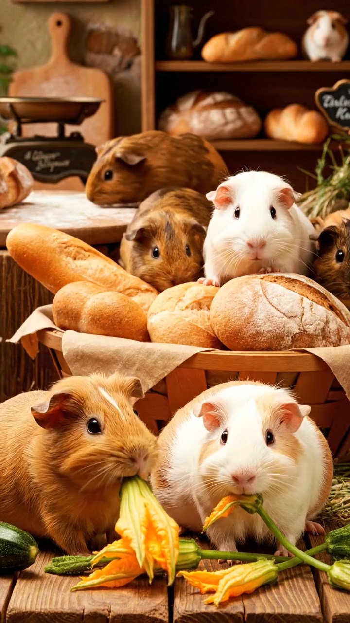 937. Detailed photo of 2 smooth-haired American guinea pigs with Fawn and Sable fur, dressed as bakers in tiny aprons, rolling dough with tiny paws, in a guinea pig bakery with hay ovens, under soft lamplight, creating a realistic, cozy culinary scene.