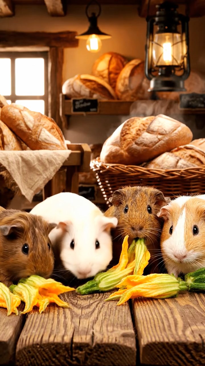 937. Detailed photo of 2 smooth-haired American guinea pigs with Fawn and Sable fur, dressed as bakers in tiny aprons, rolling dough with tiny paws, in a guinea pig bakery with hay ovens, under soft lamplight, creating a realistic, cozy culinary scene.