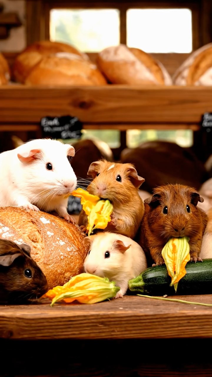 937. Detailed photo of 2 smooth-haired American guinea pigs with Fawn and Sable fur, dressed as bakers in tiny aprons, rolling dough with tiny paws, in a guinea pig bakery with hay ovens, under soft lamplight, creating a realistic, cozy culinary scene.