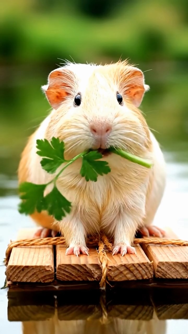 941. Detailed photo of 1 smooth-haired American guinea pig with White fur, nibbling apples, chewing slowly with tiny teeth, in a lavender garden with purple blooms, under soft sunlight, creating a realistic, fragrant pastoral scene.