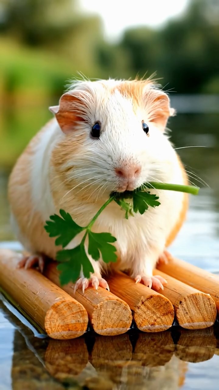 941. Detailed photo of 1 smooth-haired American guinea pig with White fur, nibbling apples, chewing slowly with tiny teeth, in a lavender garden with purple blooms, under soft sunlight, creating a realistic, fragrant pastoral scene.