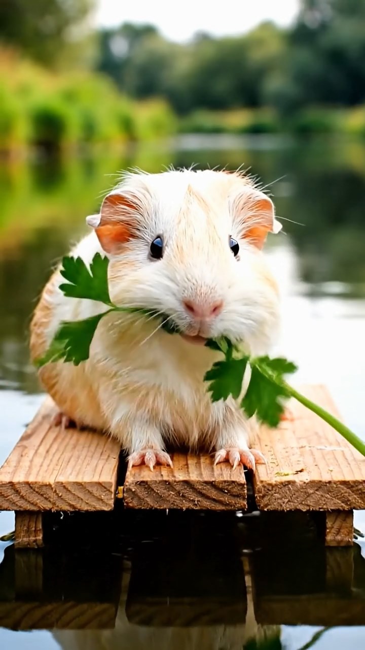 941. Detailed photo of 1 smooth-haired American guinea pig with White fur, nibbling apples, chewing slowly with tiny teeth, in a lavender garden with purple blooms, under soft sunlight, creating a realistic, fragrant pastoral scene.