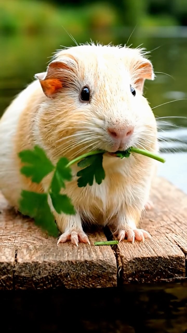 941. Detailed photo of 1 smooth-haired American guinea pig with White fur, nibbling apples, chewing slowly with tiny teeth, in a lavender garden with purple blooms, under soft sunlight, creating a realistic, fragrant pastoral scene.