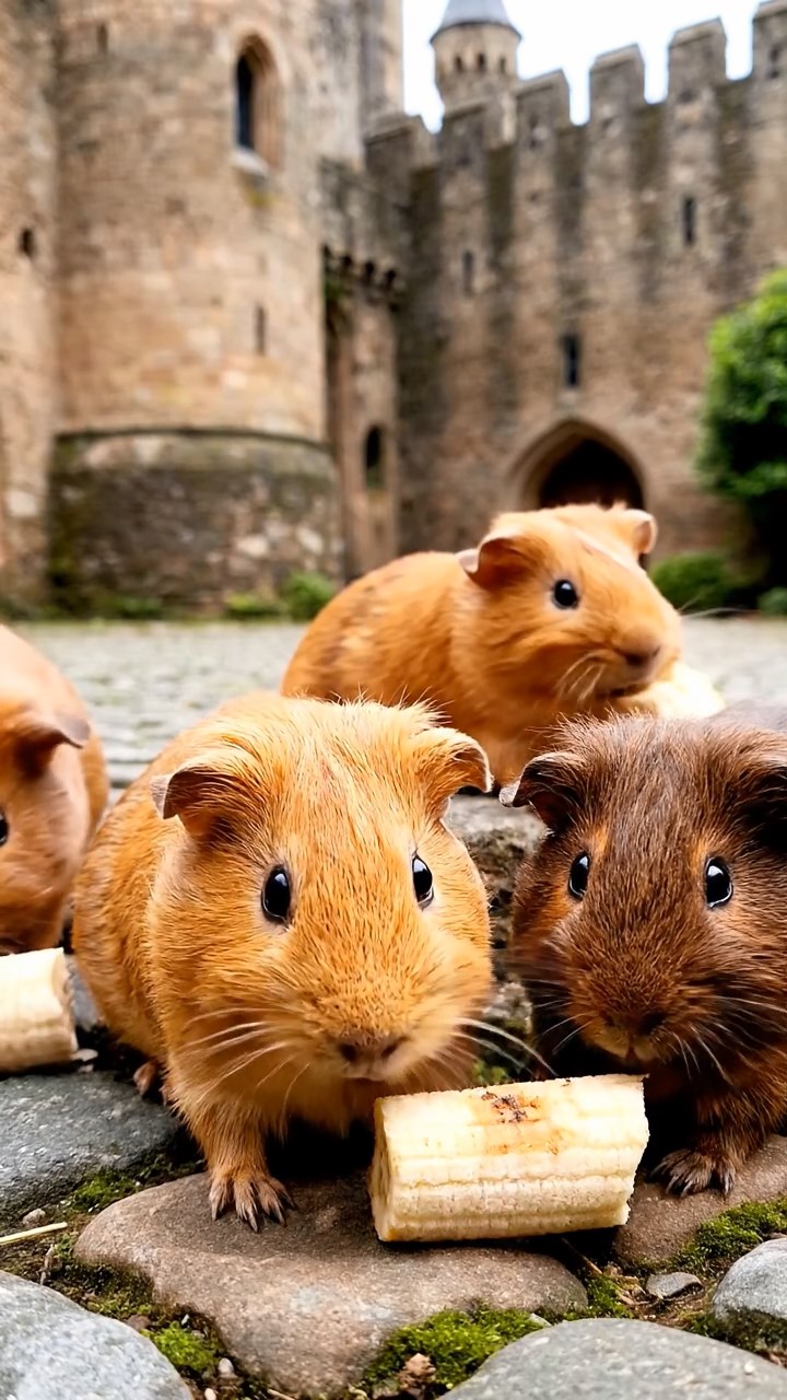 942. Photorealistic scene of 2 smooth-haired Teddy guinea pigs with Orange and Black fur, dressed as engineers in tiny helmets, assembling a miniature tower with careful hammer taps, in a guinea pig workshop, under bright daylight, enhancing the lifelike, industrious atmosphere.