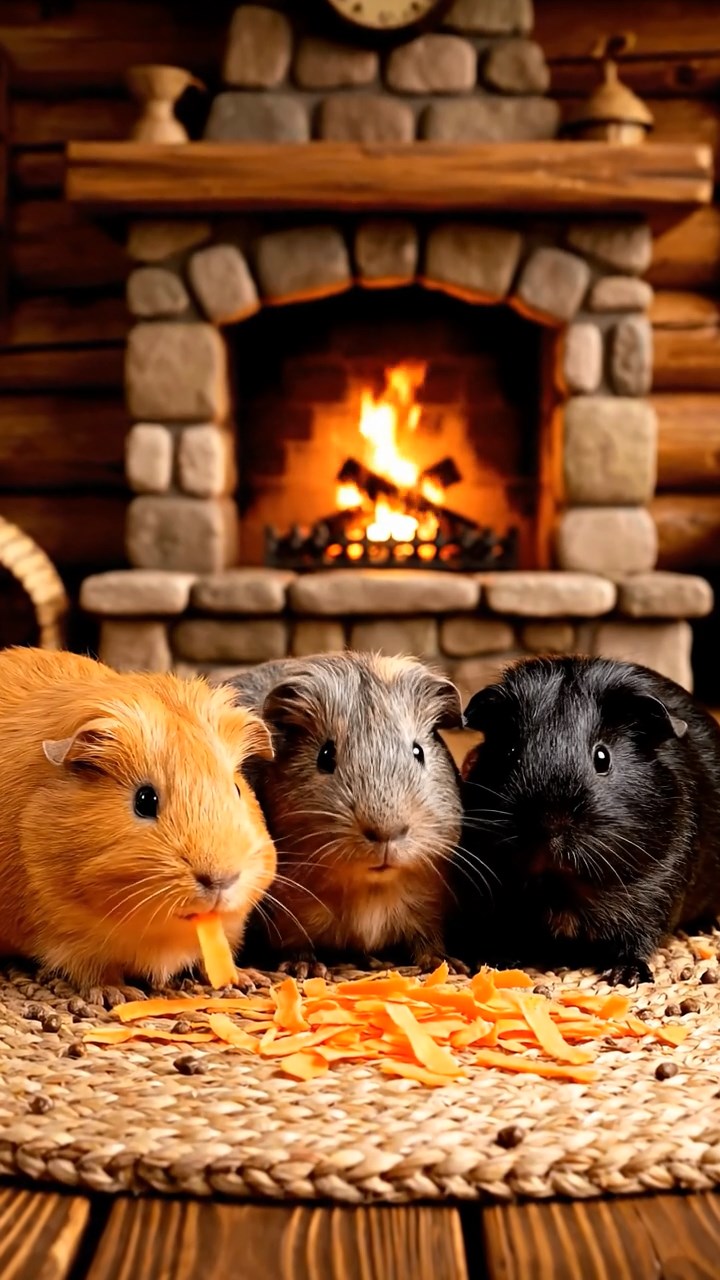 944. Realistic scene of 4 smooth-haired Californian guinea pigs with Fawn, Chocolate, Cinnamon, and Sable fur, dressed as firefighters in tiny uniforms, spraying miniature hoses with precision, in a guinea pig village, under glowing streetlights, capturing a heroic, lifelike moment.