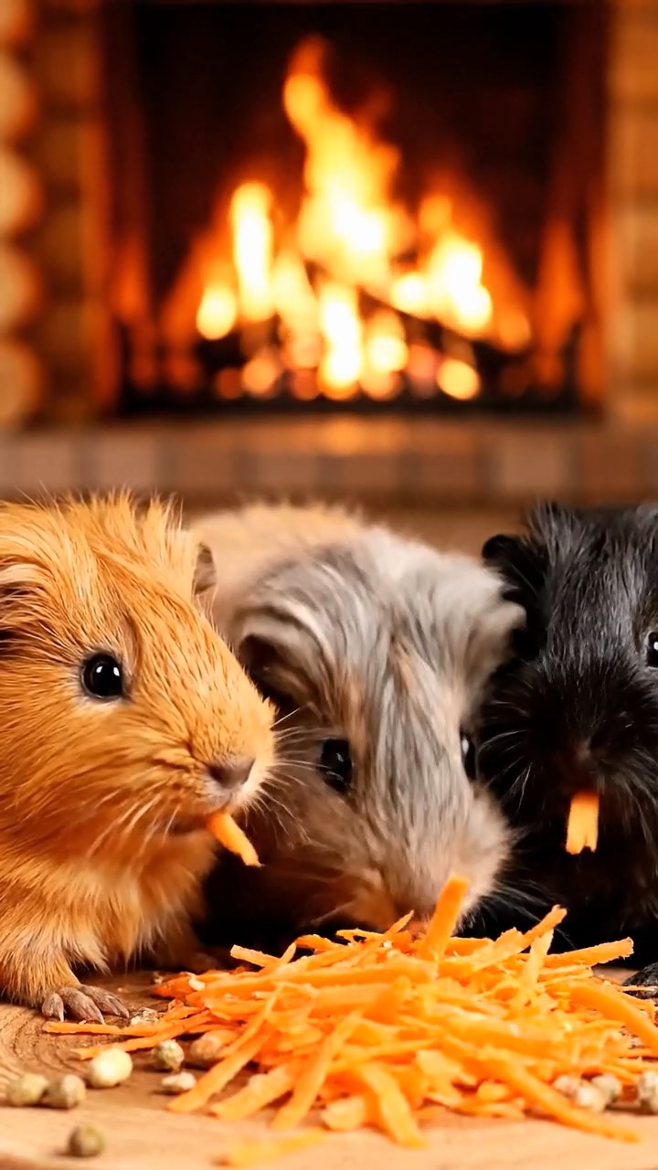 944. Realistic scene of 4 smooth-haired Californian guinea pigs with Fawn, Chocolate, Cinnamon, and Sable fur, dressed as firefighters in tiny uniforms, spraying miniature hoses with precision, in a guinea pig village, under glowing streetlights, capturing a heroic, lifelike moment.
