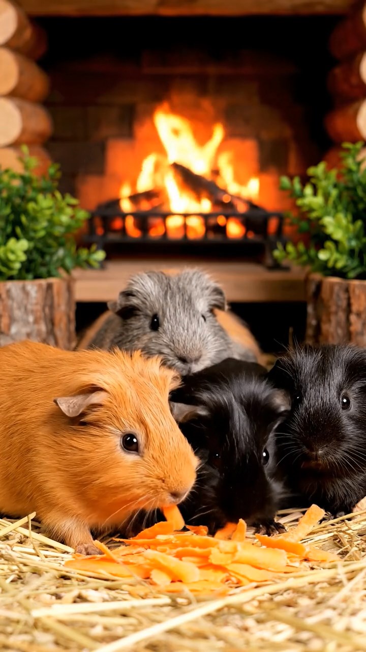 944. Realistic scene of 4 smooth-haired Californian guinea pigs with Fawn, Chocolate, Cinnamon, and Sable fur, dressed as firefighters in tiny uniforms, spraying miniature hoses with precision, in a guinea pig village, under glowing streetlights, capturing a heroic, lifelike moment.