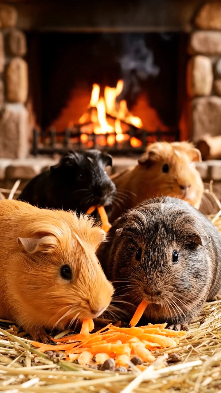 944. Realistic scene of 4 smooth-haired Californian guinea pigs with Fawn, Chocolate, Cinnamon, and Sable fur, dressed as firefighters in tiny uniforms, spraying miniature hoses with precision, in a guinea pig village, under glowing streetlights, capturing a heroic, lifelike moment.