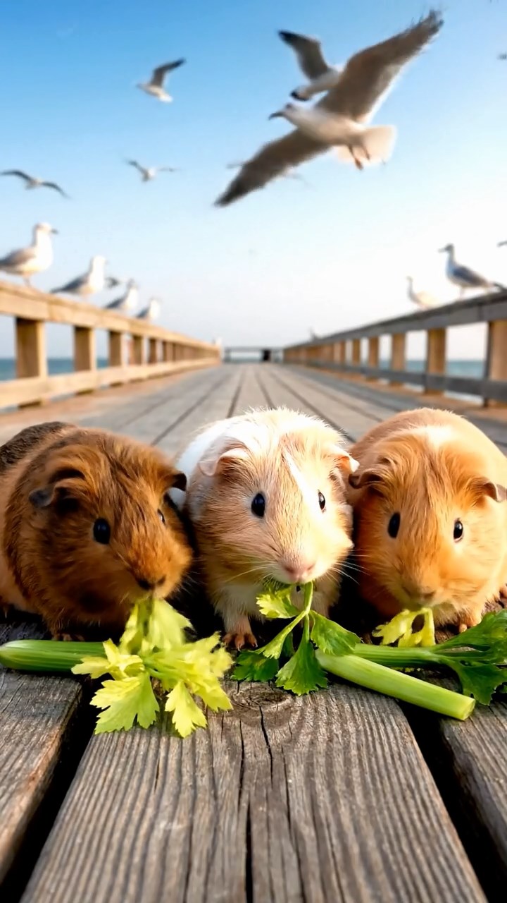 945. Detailed photo of 5 smooth-haired American guinea pigs with White, Orange, Gray, Black, and Brown fur, foraging for clover, nibbling with quick bites, in a lush meadow with wildflowers, under soft morning light, creating a realistic, serene pastoral scene.