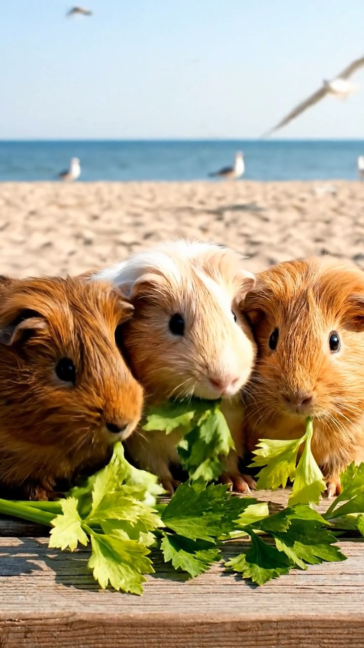 945. Detailed photo of 5 smooth-haired American guinea pigs with White, Orange, Gray, Black, and Brown fur, foraging for clover, nibbling with quick bites, in a lush meadow with wildflowers, under soft morning light, creating a realistic, serene pastoral scene.