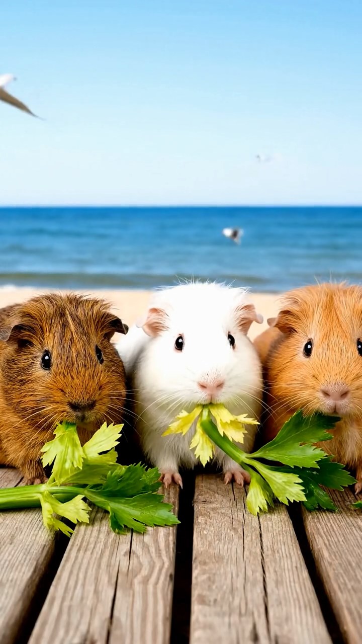 945. Detailed photo of 5 smooth-haired American guinea pigs with White, Orange, Gray, Black, and Brown fur, foraging for clover, nibbling with quick bites, in a lush meadow with wildflowers, under soft morning light, creating a realistic, serene pastoral scene.