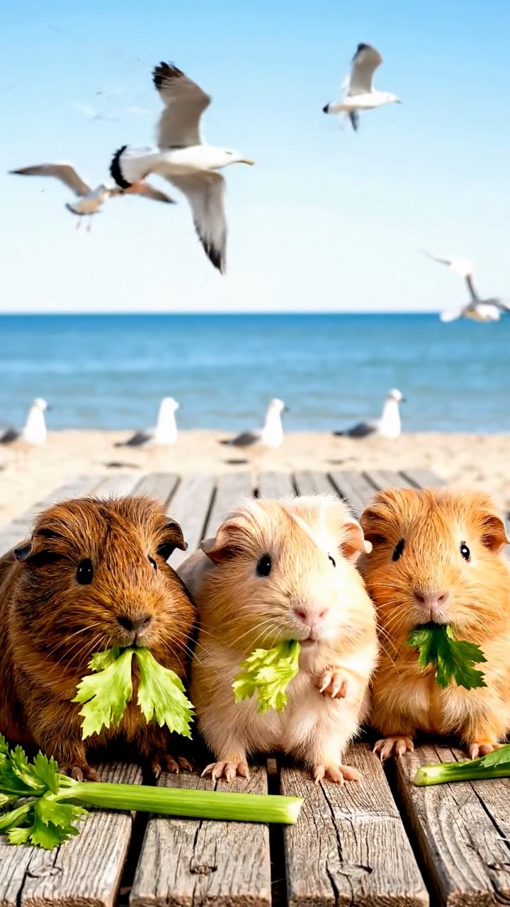 945. Detailed photo of 5 smooth-haired American guinea pigs with White, Orange, Gray, Black, and Brown fur, foraging for clover, nibbling with quick bites, in a lush meadow with wildflowers, under soft morning light, creating a realistic, serene pastoral scene.