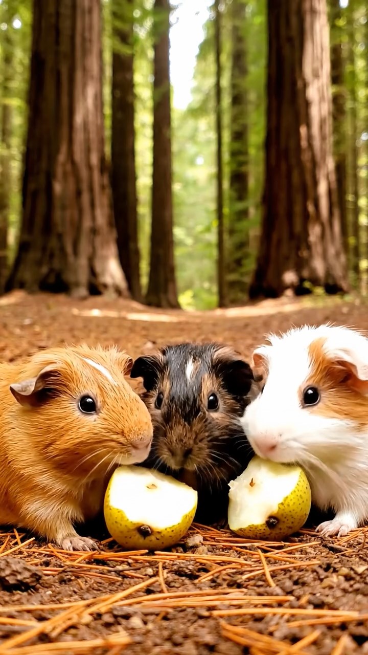 947. Highly detailed view of 2 smooth-haired Himalayan guinea pigs with Fawn and Sable fur, dressed as musicians in tiny vests, strumming miniature guitars, in a guinea pig concert hall, under warm spotlights, creating a realistic, elegant scene.