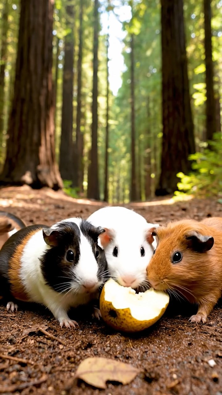 947. Highly detailed view of 2 smooth-haired Himalayan guinea pigs with Fawn and Sable fur, dressed as musicians in tiny vests, strumming miniature guitars, in a guinea pig concert hall, under warm spotlights, creating a realistic, elegant scene.