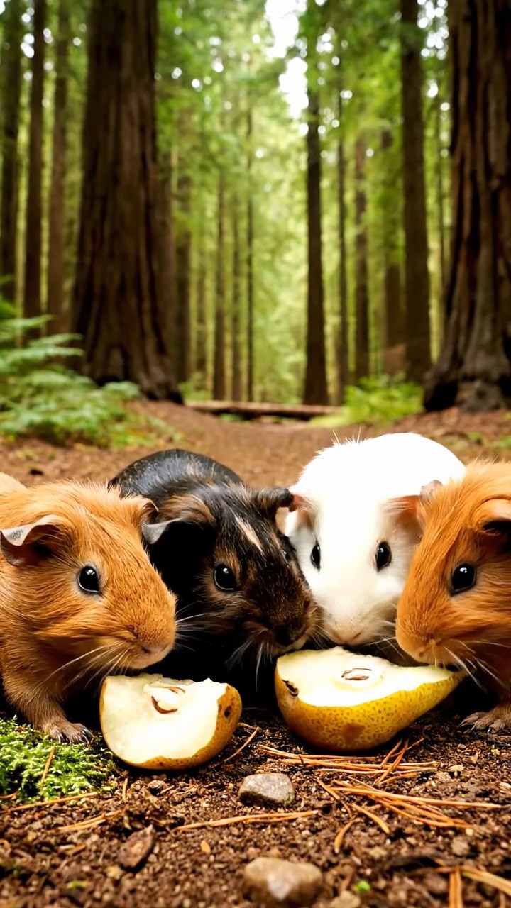 947. Highly detailed view of 2 smooth-haired Himalayan guinea pigs with Fawn and Sable fur, dressed as musicians in tiny vests, strumming miniature guitars, in a guinea pig concert hall, under warm spotlights, creating a realistic, elegant scene.