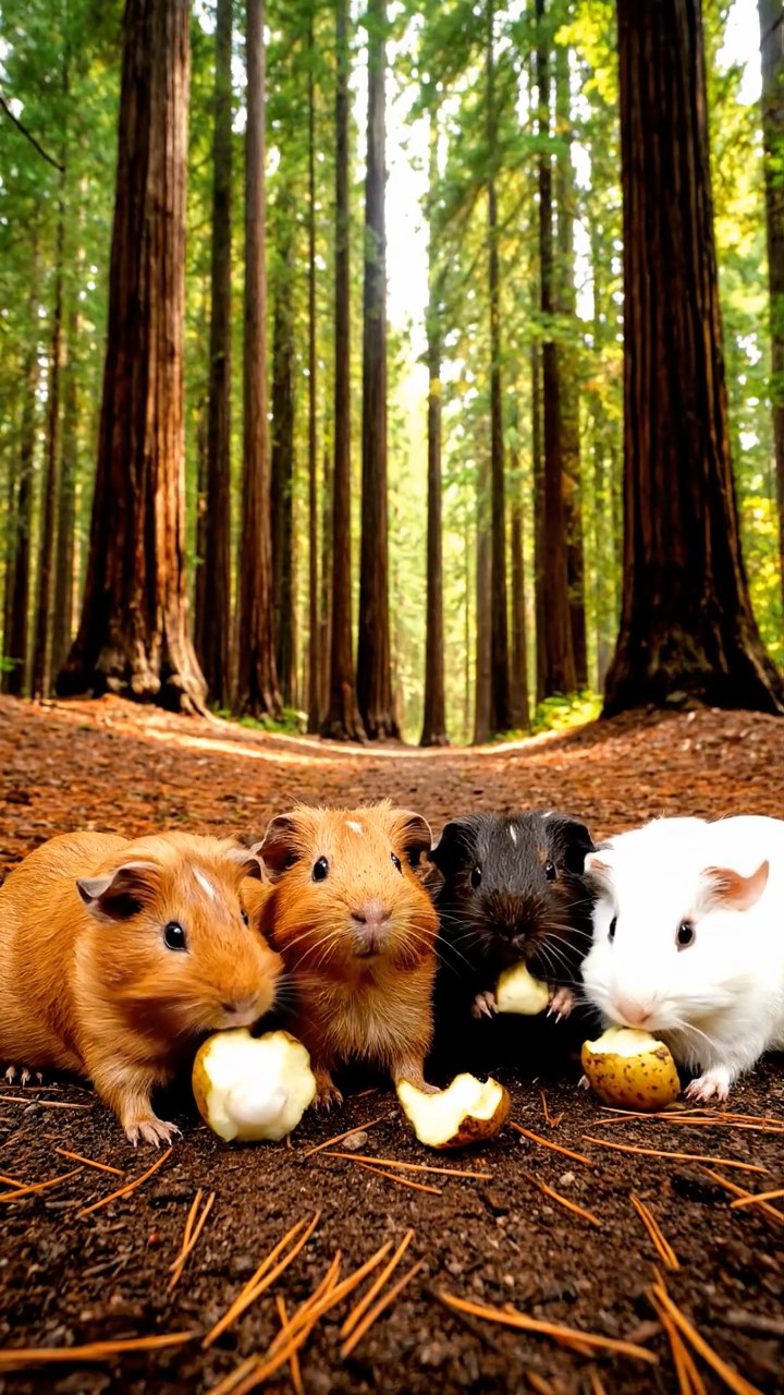 947. Highly detailed view of 2 smooth-haired Himalayan guinea pigs with Fawn and Sable fur, dressed as musicians in tiny vests, strumming miniature guitars, in a guinea pig concert hall, under warm spotlights, creating a realistic, elegant scene.