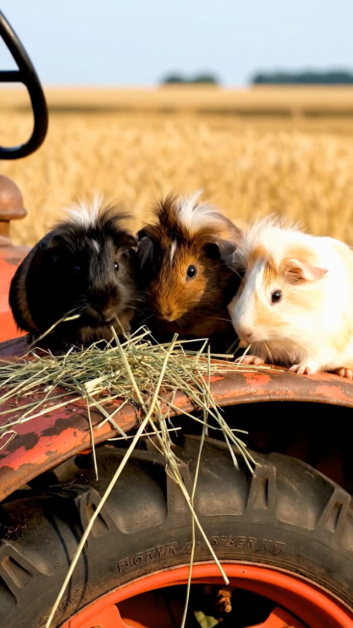 949. Detailed photo of 4 smooth-haired American guinea pigs with White, Orange, Black, and Brown fur, dressed as doctors in tiny white coats, checking charts with focused eyes, in a guinea pig hospital, under bright lights, creating a vivid, lifelike medical scene.