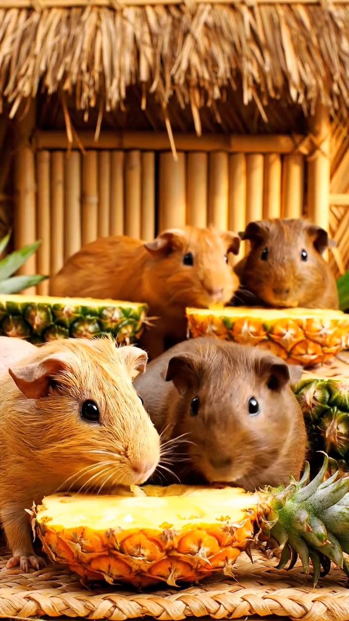 950. Photorealistic scene of 5 smooth-haired Teddy guinea pigs with Cream, Fawn, Sable, Gray, and Cinnamon fur, play-fighting, tumbling playfully, in a grassy clearing with moss, under gentle morning light, capturing a realistic, playful moment.