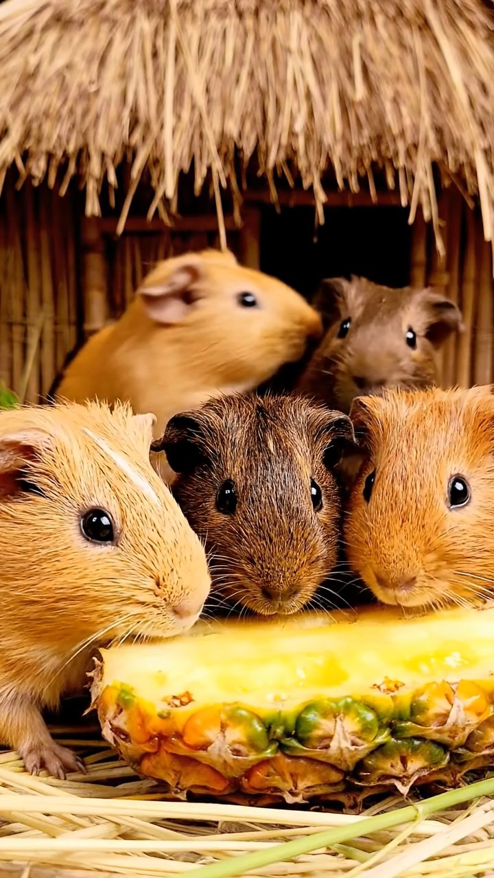 950. Photorealistic scene of 5 smooth-haired Teddy guinea pigs with Cream, Fawn, Sable, Gray, and Cinnamon fur, play-fighting, tumbling playfully, in a grassy clearing with moss, under gentle morning light, capturing a realistic, playful moment.