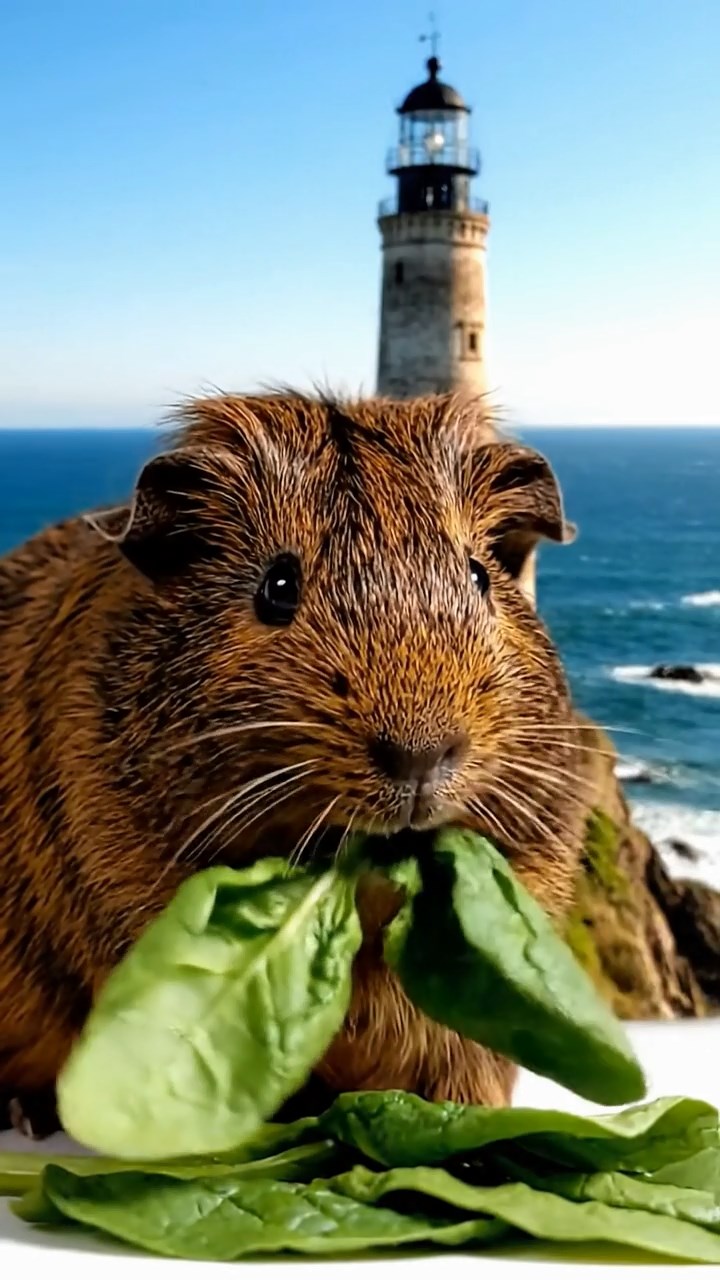 951. Highly detailed view of 1 smooth-haired Himalayan guinea pig with White fur, munching bell peppers with careful bites, in a vibrant vegetable garden, under bright sunlight, creating a realistic, colorful scene.