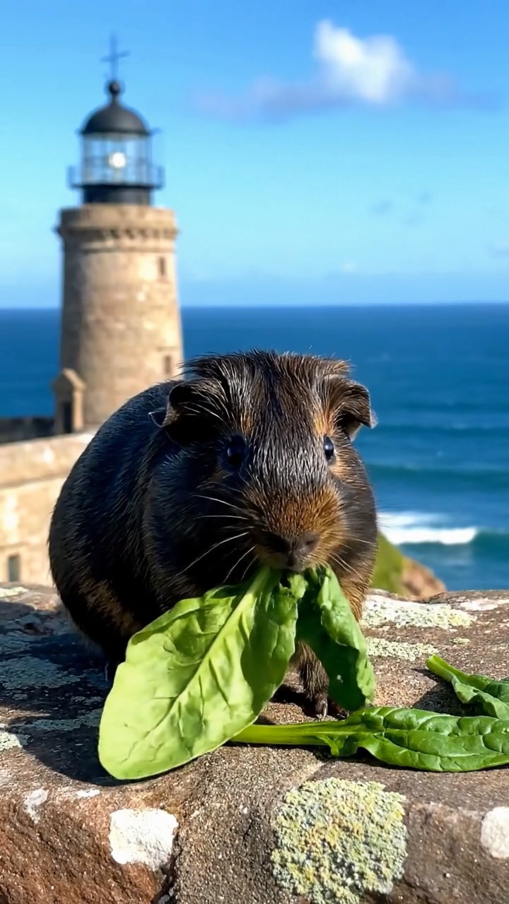 951. Highly detailed view of 1 smooth-haired Himalayan guinea pig with White fur, munching bell peppers with careful bites, in a vibrant vegetable garden, under bright sunlight, creating a realistic, colorful scene.