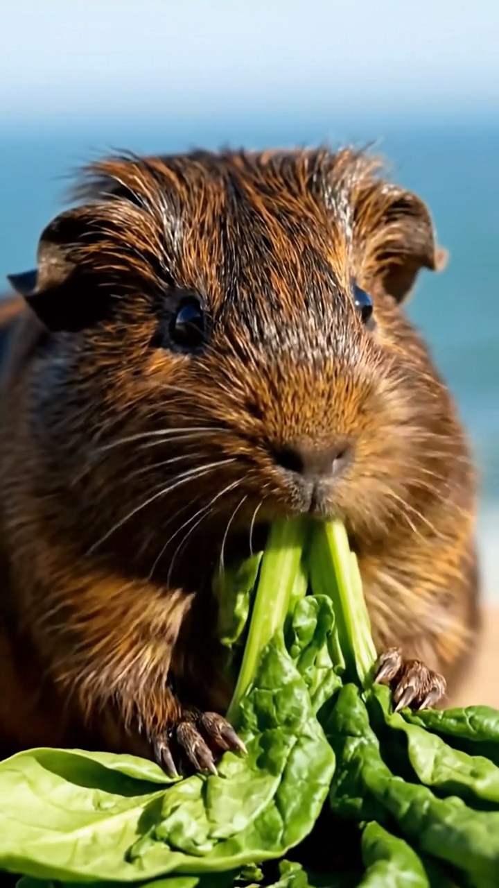951. Highly detailed view of 1 smooth-haired Himalayan guinea pig with White fur, munching bell peppers with careful bites, in a vibrant vegetable garden, under bright sunlight, creating a realistic, colorful scene.